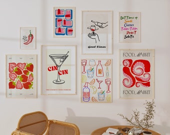 Trendy Kitchen Wall Art Prints: Retro Cocktail & Food Poster Set (Digital Download)