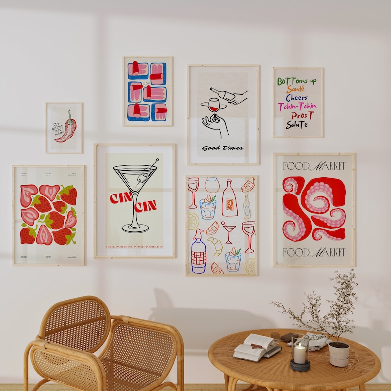 kitchen prints | 9 printables | trendy kitchen wall... Trendy Kitchen Wall Art Prints: Retro Cocktail & Food Poster Set ...
