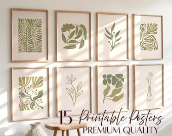 Minimalist Botanical Line Art Prints, Green Nature Wall Decor, Scandinavian Modern Digital Download Posters