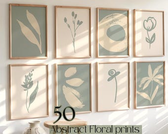 Botanical Wall Art Set of 50, Sage Green Prints, Neutral Gallery Wall, Abstract Floral Printable Decor
