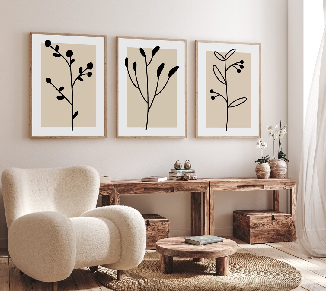 Botanical Line Art Print Set: Beige Neutral Wall Decor (digital ...