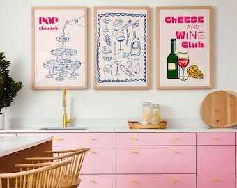 Set di 3 stampe per la cucina, decorazioni murali moderne a tema cibo e bevande (download digitale)