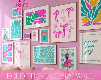 May include: A collection of 17 wall art prints featuring vibrant pink, teal, and yellow illustrations of flowers, bows, and abstract shapes. One print displays the text "peace love joy" in teal script, while another shows a person in a pink dress.