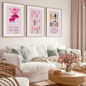 Retro Champagne Poster Set Estética Girly Bar Cart Art Preppy Pink Posters Champagne Posters Coqueta decoración de la habitación Lindo Girly Poster