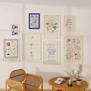 Arte de casas de playa, Estampados de verano, Estampado colorido, Póster dibujado a mano, Pósters de moda, Arte costero moderno, Decoración de dormitorio preppy, Arte de conchas marinas