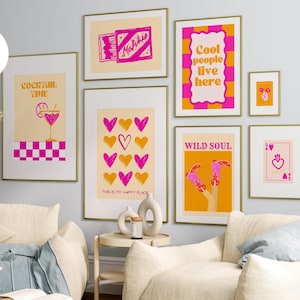 Decoración de habitación preppy rosa y naranja, decoración de habitación preppy y2k, póster de vaquera, conjunto de arte de pared de galería estética, decoración de dopamina, arte de pared maximalista
