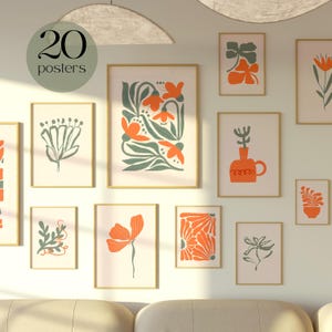Vintage Retro Floral Print Burnt Orange Print Boho botanical set Boho art set Sage green  Terracotta Prints Matisse flower print set