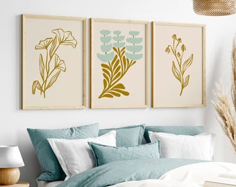 Boho Botanical Art Prints: Mustard Yellow Floral Wall Decor (Set of 3) (Digital Download)