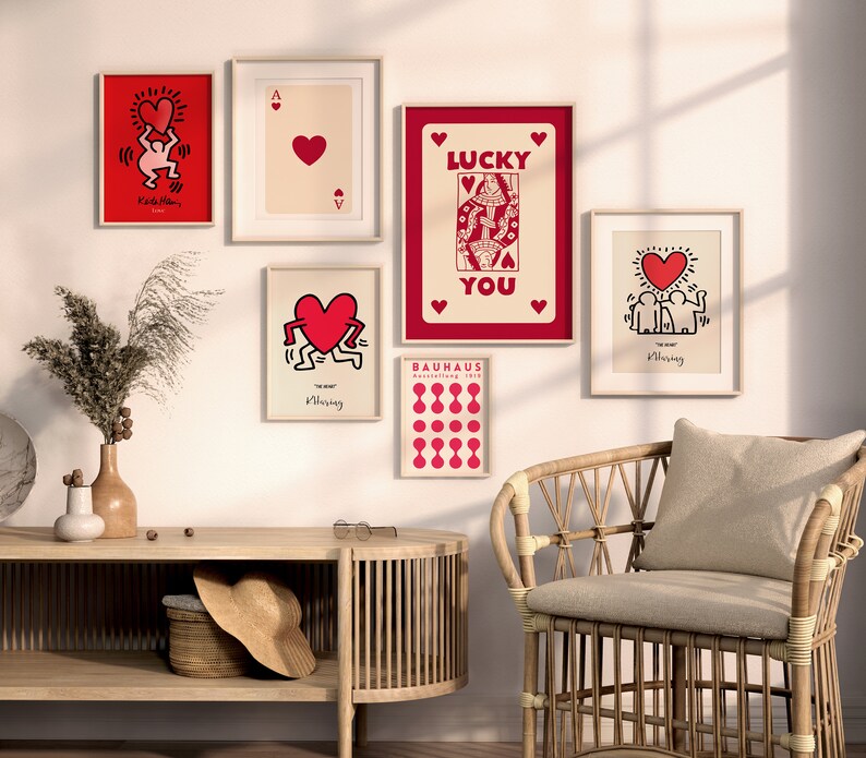 Pink and Red Wall Art Set of 6 Cute Retro Hearts Print Gallery Wall