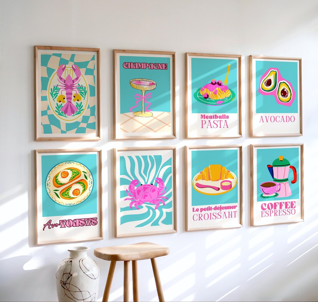Pink and Turquoise Kitchen Gallery Wall Set Cute Kitchen Decor Girly ...