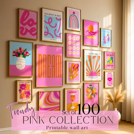 Pink orange prints Pink poster pack Funky downloadable prints Eclectic gallery wall art set Printable