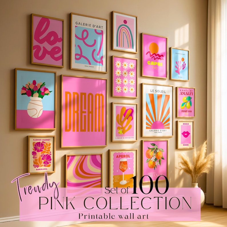 Pink orange prints Pink poster pack Funky downloadable prints Eclectic gallery wall art set Printable image 1