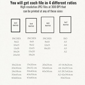 May include: A size guide for digital prints, showing different aspect ratios and corresponding print sizes in inches and centimeters. The guide includes standard ISO paper sizes like A5, A4, A3, and A2.