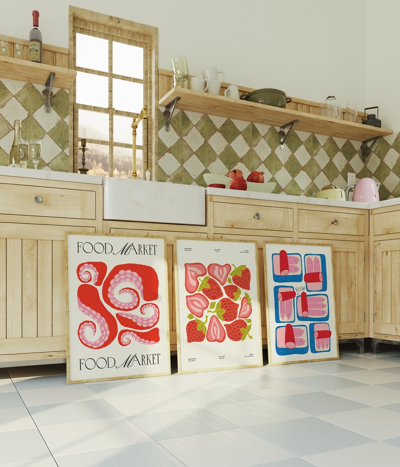 kitchen prints | 9 printables | trendy kitchen wall... Trendy Kitchen Wall Art Prints: Retro Cocktail & Food Poster Set ...