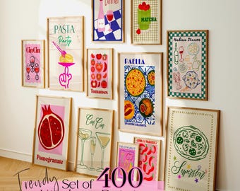 Retro kitchen digital prints Kitchen poster download Food and wine art bundle Printable set