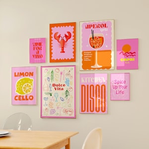 Ensemble mural rose et orange pour dortoir, art déco pour dortoir bohème, affiches tendance, décoration de dortoir preppy, décoration esthétique pour chambre, affiche cocktail