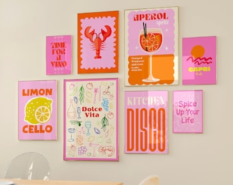 Pink Orange Gallery Wall Art Set: Trendy Kitchen Prints (Digital Download)