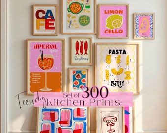 May include: A set of 300 trendy kitchen prints featuring colorful illustrations of food and drinks. The prints include images of pasta, sardines, lemons, and Aperol spritz.