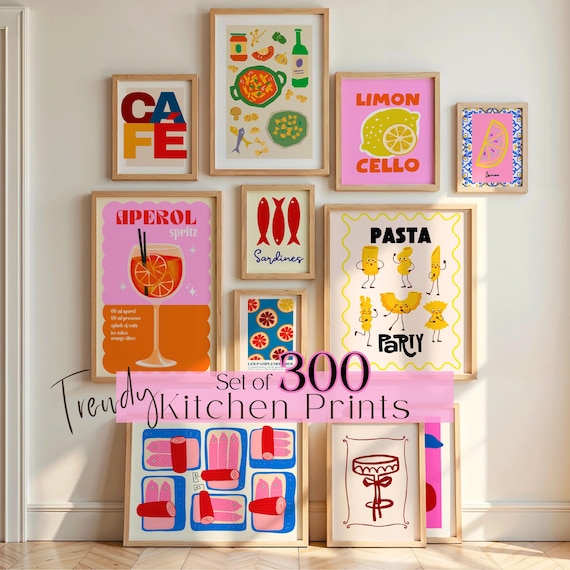 300 Mediterranean Kitchen Posters Bundle, Retro Café Prints, Italian Food Wall Art, Digital Download