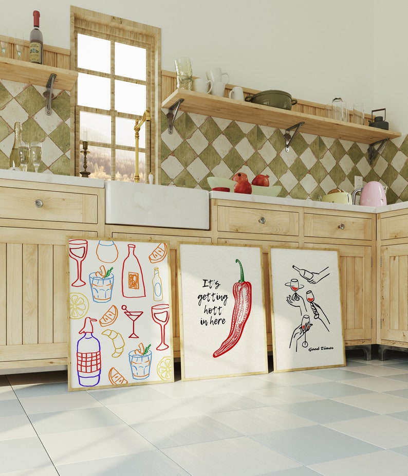 Trendy Kitchen Prints Set: Modern Bar Cart Line Art (digital Download ...