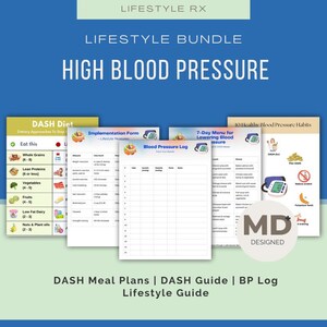 Puede incluir: Un paquete de estilo de vida con el texto "HIGH BLOOD PRESSURE" sobre un fondo azul. El paquete incluye una guía de dieta DASH, un formulario de implementación, un registro de presión arterial y un menú de 7 días. El diseño incluye el texto "MD DESIGNED".