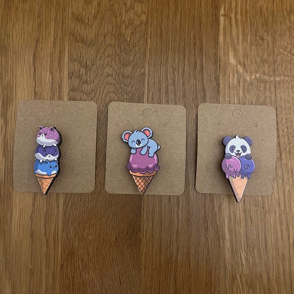 Sweet Ice-Cream Cats, Koala, and Panda Wooden Brooches / Pins - Wooden gifts, wooden accessories, gift for her - Buy 2 Get 1 Free