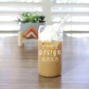 16oz Glass Can Mock Up Photo, Libbey Glass Mockup with Iced Coffee, Libby Can Glass Mock, Beer Can Mocks, Glass Mockup with Straw Whip Cream