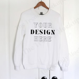 Gildan Sweatshirt White On Hanger Mockup 18000, White Crewneck Mock Up Hanging, Simple White Sweatshirt Mocks, Trendy Aesthetic Mockup Photo