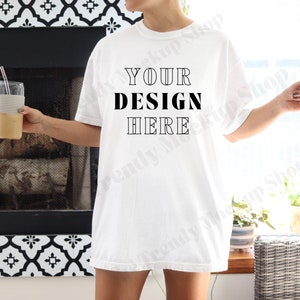 C1717 Mockup White Comfort Colors, Shirt Mock up with Coffee, Oversized TShirt Indoors, Boho Model Trendy Mock, Digital Photo Aesthetic