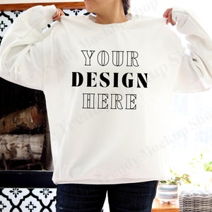 White Gildan 18000 Mockup Front, Oversized Crewneck Mock Up, Large Sweatshirt Indoors Mocks, Boho Model, Trendy Aesthetic Mockup Photo