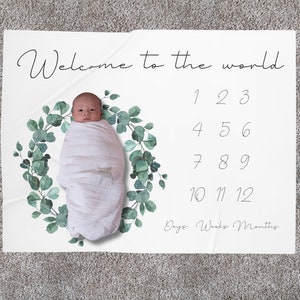New Baby Blanket - Baby Age Blanket - New Baby Gift - Botanical Print Baby Blanket - Milestone Blanket