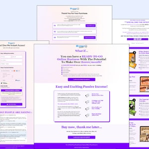 May include: A purple and white website landing page with the text "What if... You can have a READY-TO-GO Online Business With The Potential To Make Over £1000/month?" and "Easy and Exciting Passive Income!"  The page also includes a button that says "Click a Buy Now Button for Easy Set Up".