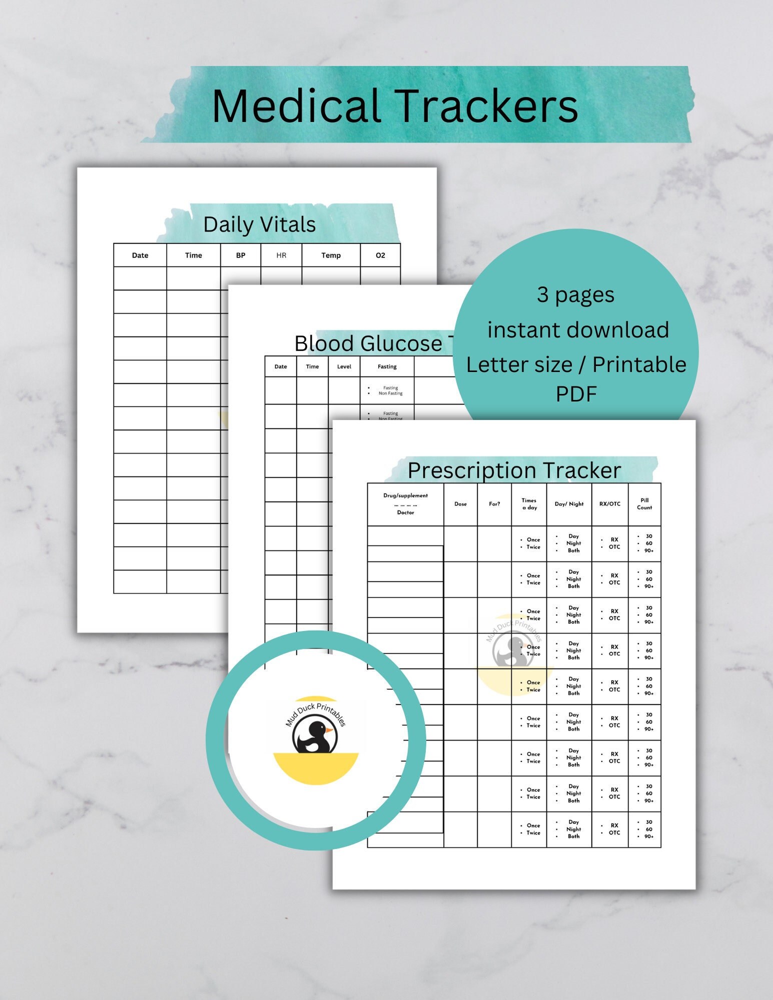 Medical Trackers, PDF Printable, Blood Glucose, Vitals, Medication ...