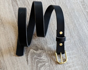 Brass Buckle Black Leather Belt, Casual Handmade Belt, Full Grain Leather Belt, Made in Canada, Gift for him, Gift for her