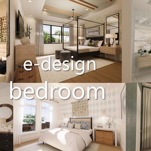 May include: Four different e-design bedroom ideas featuring various styles and color palettes. The first bedroom has a modern design with a large bed, a chandelier, and a window overlooking a lake. The second bedroom has a more traditional design with a four-poster bed, a wooden headboard, and a large window. The third bedroom has a minimalist design with a white bed frame, a white headboard, and a large window. The fourth bedroom has a more eclectic design with a green wall, a large window, and a wooden beam ceiling.