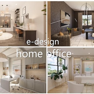 Puede incluir: Un collage de cuatro conceptos de diseño de interiores para oficinas en casa. Cada imagen muestra una disposición diferente de la habitación, con escritorios, sillas y elementos decorativos. El texto "e-design home office" está superpuesto en la imagen.