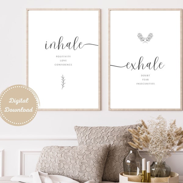 Meditation Inhale Exhale Wall Art , Yoga Spa Wall Art, Relaxation Meditation Quotes, Zen Home Decor, Bedroom Bathroom Decor, Set of 2 Prints