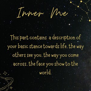 K&ouml;nnte beinhalten: Ein schwarzer Hintergrund mit goldenen Sternen und einem Planeten mit Ringen. Der Text "Inner Me" befindet sich oben im Bild. Der Text darunter lautet: "Dieser Teil enth&auml;lt eine Beschreibung Ihrer grundlegenden Haltung gegen&uuml;ber dem Leben. Wie andere Sie sehen. Wie Sie r&uuml;berkommen. Das Gesicht, das Sie der Welt zeigen."