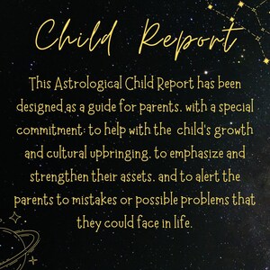 K&ouml;nnte beinhalten: Eine schwarze und goldene Grafik mit einem sternen&uuml;bers&auml;ten Hintergrund. Der Text "Child Report" ist in einer gro&szlig;en, stilisierten Schriftart geschrieben. Der Text darunter erkl&auml;rt, dass dieser Bericht dazu dient, Eltern bei der Entwicklung und kulturellen Erziehung ihres Kindes zu unterst&uuml;tzen.