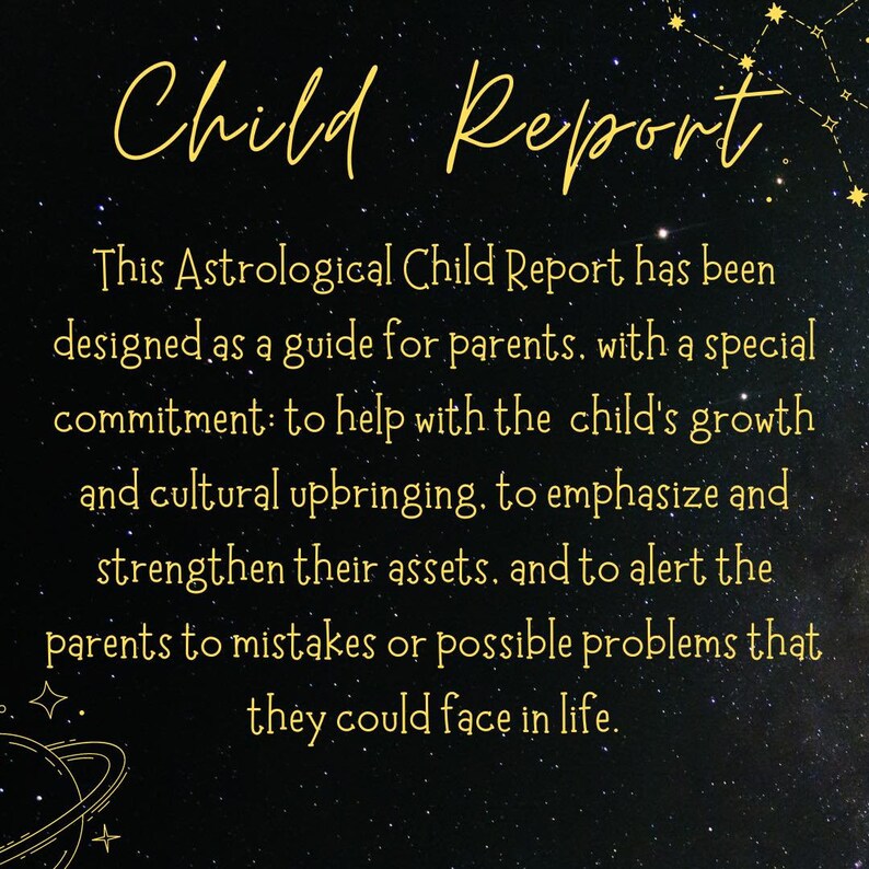 K&ouml;nnte beinhalten: Eine schwarze und goldene Grafik mit einem sternen&uuml;bers&auml;ten Hintergrund. Der Text "Child Report" ist in einer gro&szlig;en, stilisierten Schriftart geschrieben. Der Text darunter erkl&auml;rt, dass dieser Bericht dazu dient, Eltern bei der Entwicklung und kulturellen Erziehung ihres Kindes zu unterst&uuml;tzen.