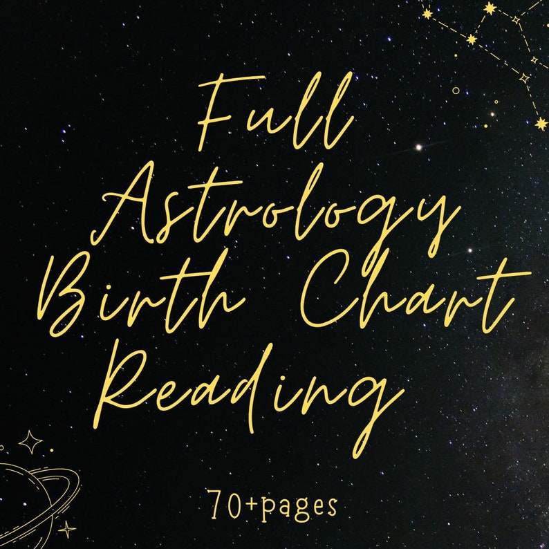 K&ouml;nnte beinhalten: Ein schwarzer Hintergrund mit goldenen Sternen und einer goldenen Aufschrift, die "Full Astrology Birth Chart Reading 70+ pages" lautet.