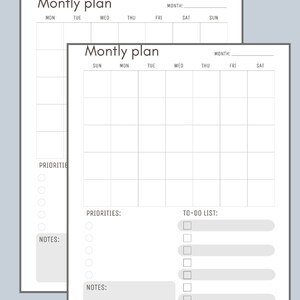 Minimalist monthly planner. 1 page, 4 sizes, instant download.