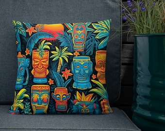 Head Hunters Tiki Pillow, Tropical indoor throw pillows, Home Decor, Soft Cushions