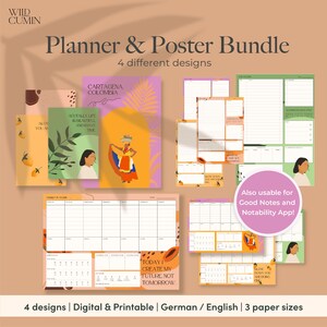 Könnte beinhalten: Ein Satz von vier druckbaren Planer- und Posterdesigns mit farbenfrohen Illustrationen und inspirierenden Zitaten. Die Designs beinhalten eine Papaya, eine Frau in traditioneller kolumbianischer Kleidung und eine Frau mit grünem Hintergrund. Der Text auf den Postern lautet "Heute erschaffe ich meine Zukunft, nicht morgen" und "Eigentlich ist das Leben schön und hat Zeit".