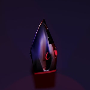 May include: A black and red iron with a sleek, modern design. The iron has a pointed tip and a curved handle.
