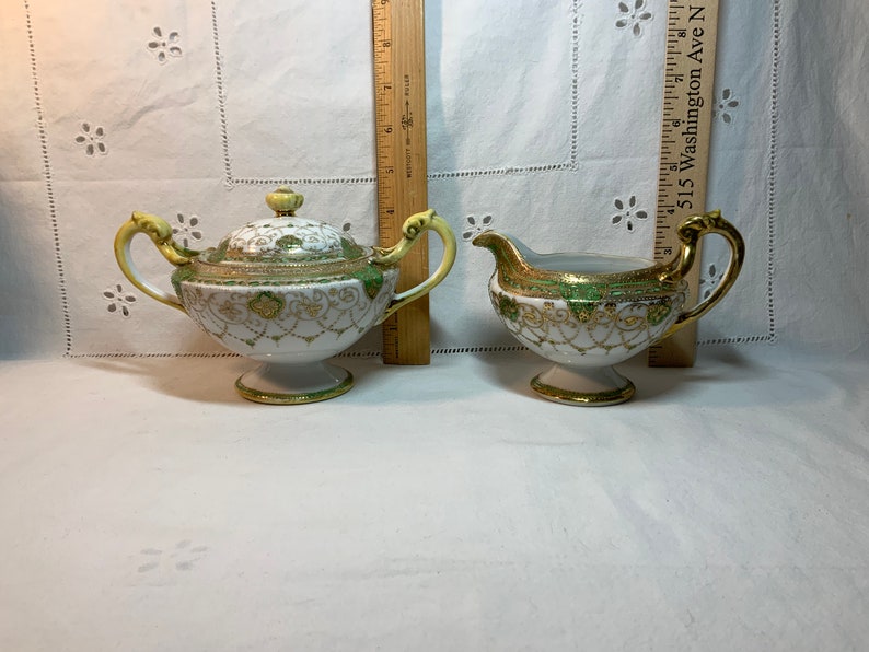 Nippon Hand Painted Sugar Dish & Creamer Set Gorgeous Green and Gold - Etsy