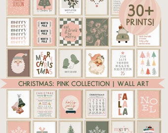 May include: A collection of 30+ printable Christmas-themed wall art designs. The designs feature a variety of festive elements, including Christmas trees, Santa Claus, reindeer, mistletoe, and holiday greetings. The prints are in a pink and green color scheme.