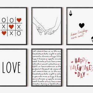 May include: Set of six printable Valentine's Day cards featuring various designs, including a tic-tac-toe board with hearts, a couple holding hands, a playing card with the text "how lucky are we?", the word "LOVE", a list of Valentine's Day related words, and a card with the text "HAPPY VALENTINE'S DAY".