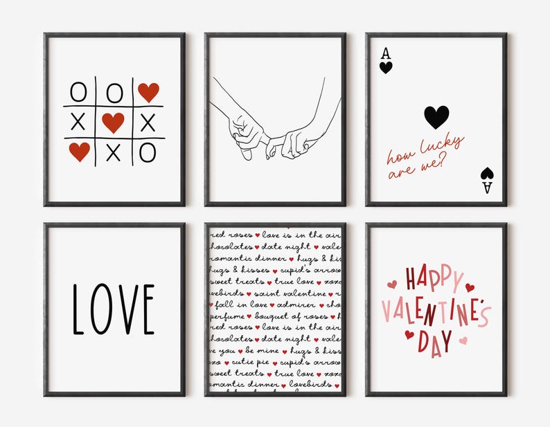 May include: Set of six printable Valentine's Day cards featuring various designs, including a tic-tac-toe board with hearts, a couple holding hands, a playing card with the text "how lucky are we?", the word "LOVE", a list of Valentine's Day related words, and a card with the text "HAPPY VALENTINE'S DAY".