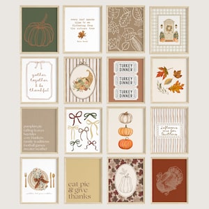 May include: A collection of sixteen rectangular wall art prints featuring autumn themes, including pumpkins, fall leaves, a cornucopia, turkeys, bows, and text-based designs like 'gather together & be thankful' and 'eat pie & give thanks' in various colors.
